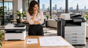 Office manager comparing a compact A4 multifunction printer with a larger A3 photocopier in a modern office