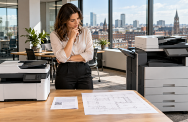 A3 vs A4 Office Photocopier – North West Business Guide Office manager comparing a compact A4 multifunction printer with a larger A3 photocopier in a modern office
