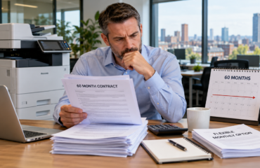 Business owner reviewing a copier agreement and 60-month photocopier contract before choosing a managed print service