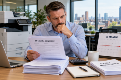 Copier Agreement Checklist for Businesses Business owner reviewing a copier agreement and 60-month photocopier contract before choosing a managed print service