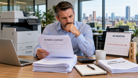 Business owner reviewing a copier agreement and 60-month photocopier contract before choosing a managed print service