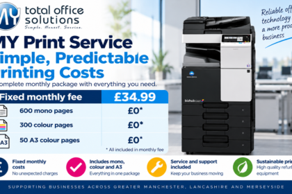MY Print Service – £34.99 Monthly Printing Package MY Total Office Solutions print service: £34.99 monthly fee including 600 mono, 300 colour and 50 A3 colour pages, featuring the MY logo and Konica Minolta copier