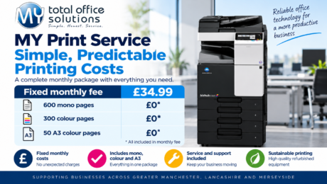 MY Total Office Solutions print service: £34.99 monthly fee including 600 mono, 300 colour and 50 A3 colour pages, featuring the MY logo and Konica Minolta copier