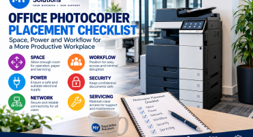 Office photocopier placement checklist covering space, power, network, workflow, security and servicing