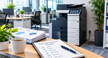 Office printer fault reporting checklist with laptop, service support interface and written notes