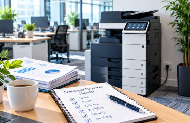 Office Printer Fault Reporting Checklist Office printer fault reporting checklist with laptop, service support interface and written notes