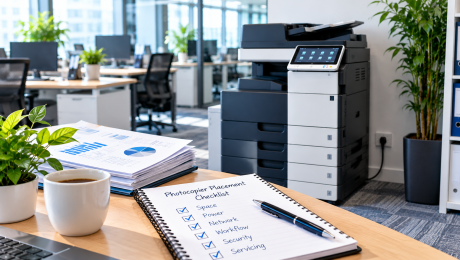 Office printer fault reporting checklist with laptop, service support interface and written notes